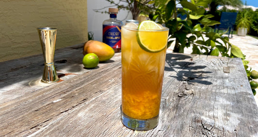 Non-alcoholic mango dark and stormy cocktail