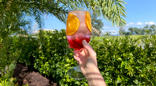 Non Alcoholic Aperitivo Spritz. Tropical greenery and blue sky in background.