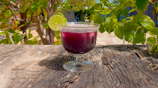 tinto de verano non alcoholic cocktail in large glass with lime wheel garnish