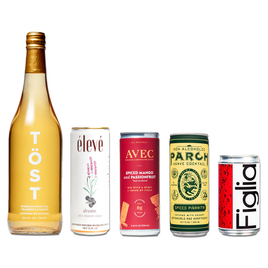 Non-alcoholic beverages starter bundle including TOST sparkling ginger, eleve dream lavender blueberry sparkling water, AVEC spiced mango passionfruit, PARCH spiced pinarita, and figlia sparkling aperitif